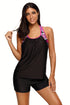 Sexy Black Blouson Style Floral T-back Tankini Top